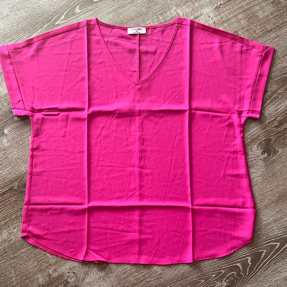 Zenana NWOT Pink Rolled Cuff V Neck Tee Shirt size 2X - Picture 7 of 10